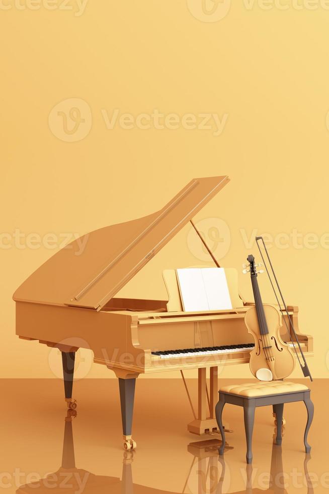 Grand piano with a violin on pink pastel color background. 3d rendering photo