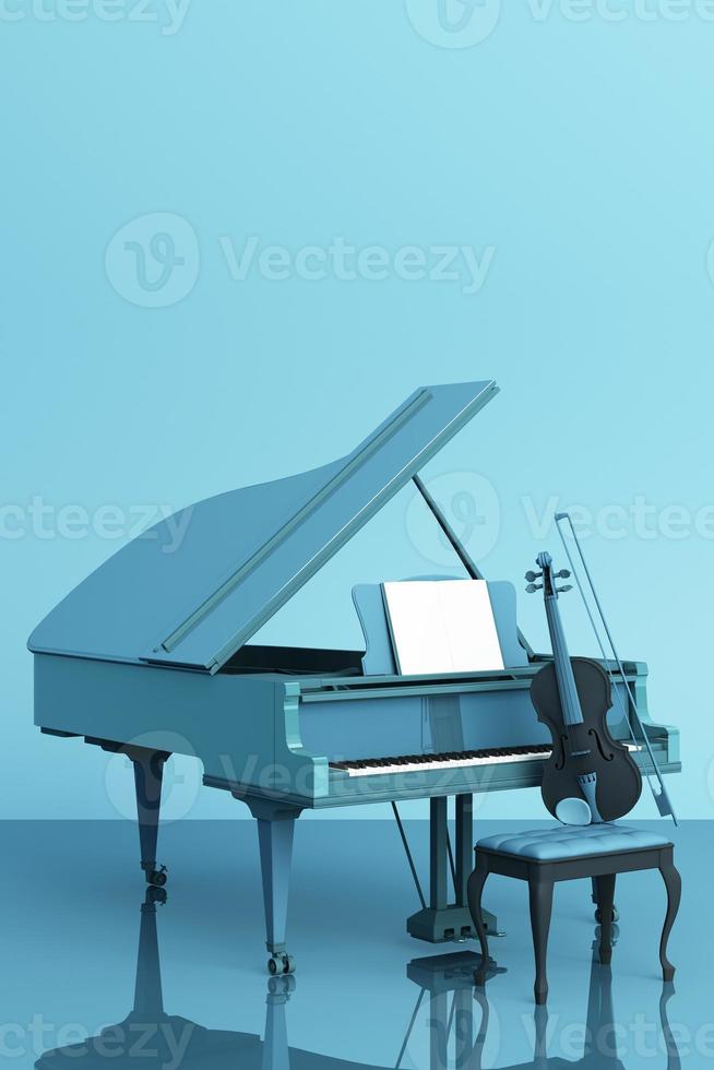 Grand piano with a violin on pink pastel color background. 3d rendering photo