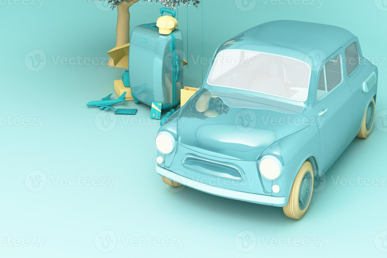 Concept retro car with luggage surrounded by travel equipment in green color tone. 3d rendering photo