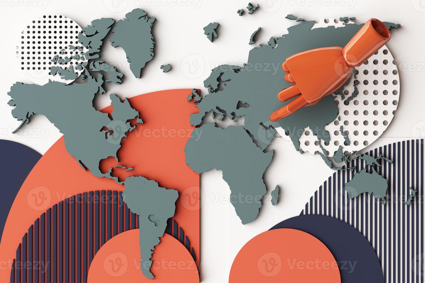World map with human's hand concept abstract composition of geometric shapes platforms in black tone. 3d rendering photo
