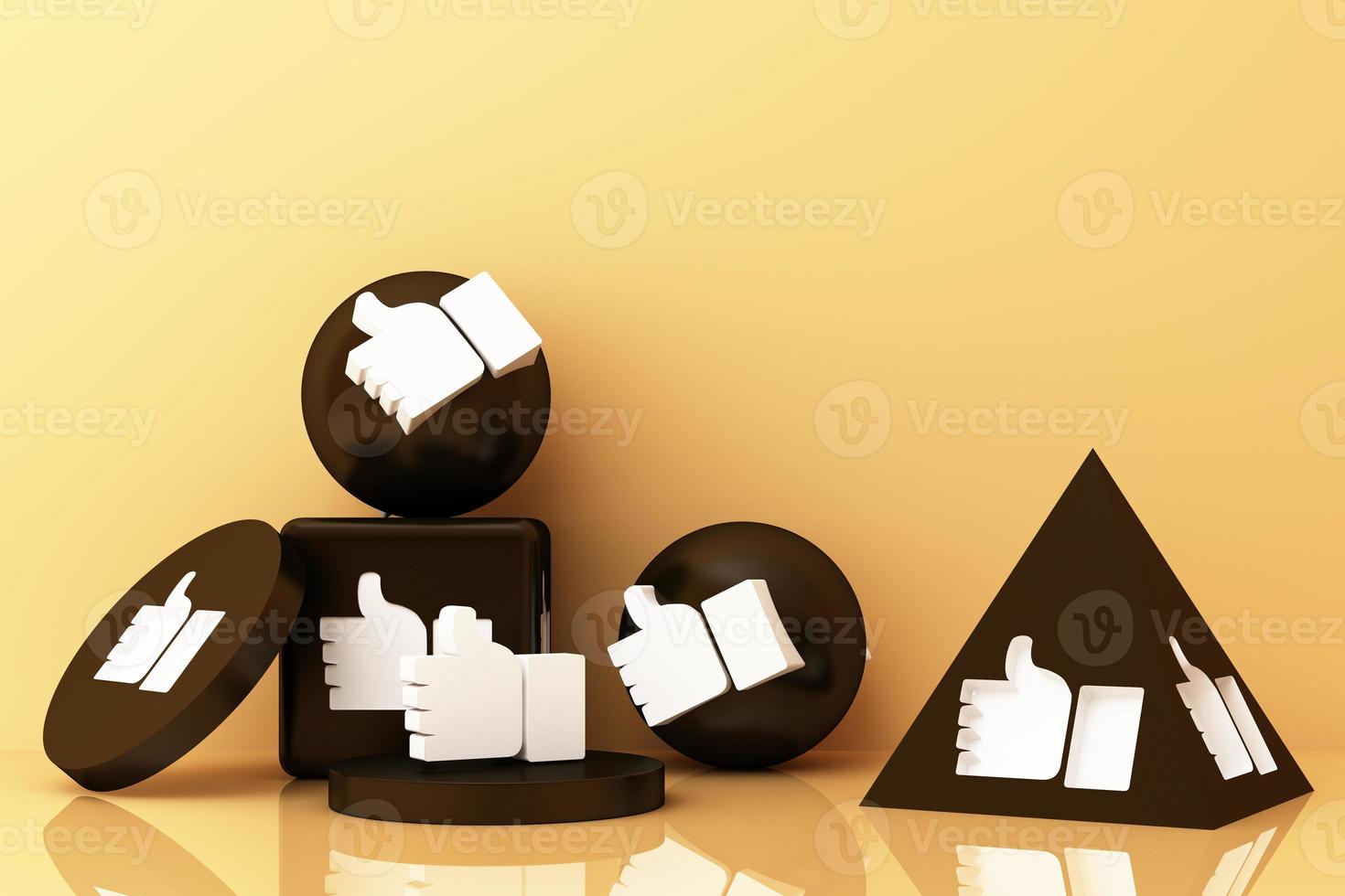 Thumb up symbol, finger up icon, like icon on yellow geometric shapes. 3d rendering photo