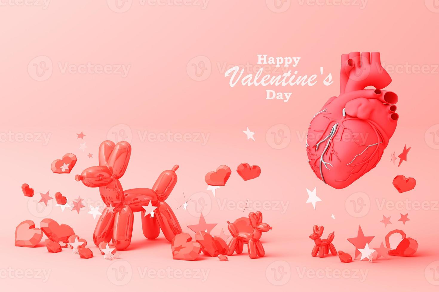 Valentine's day concept background with Balloon dog red and pink hearts star rose with white square frame and love decoration 3d rendering photo