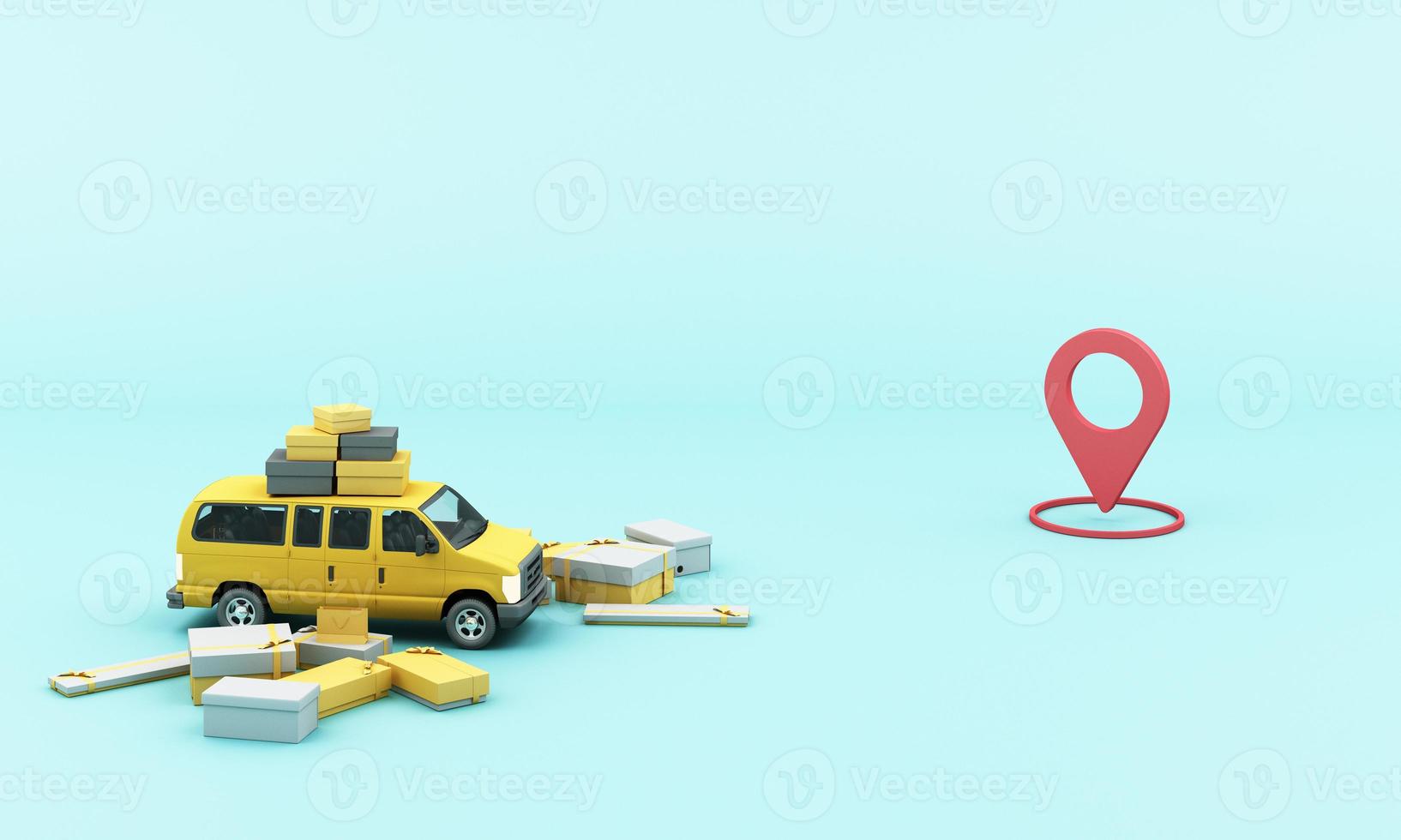 Express delivery concept  Delivery by yellow  scooter motorcycle and yellow  van with location mobile application E-commerce concept with shopping cart on blue background 3d rendering photo