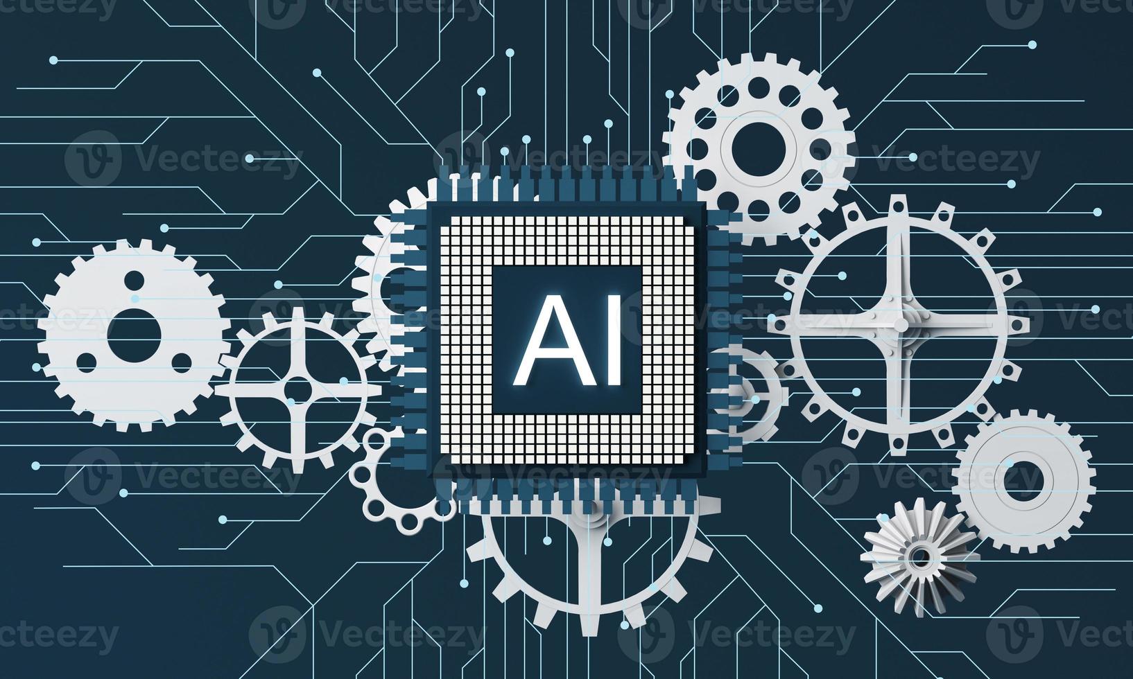 Artificial intelligence web banner. of a processor chip. The process of data processing. Developments in modern technologies. Microcircuits on neon glowing background. 3D rendering photo