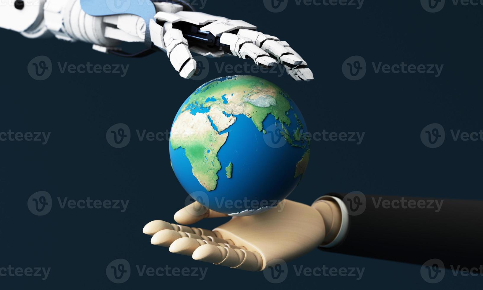 robot hand and business man hand holding the world or planet earth. Ai or Artificial Intelligence concept. concept technology industry and people work together. on blue background. 3d rendering photo