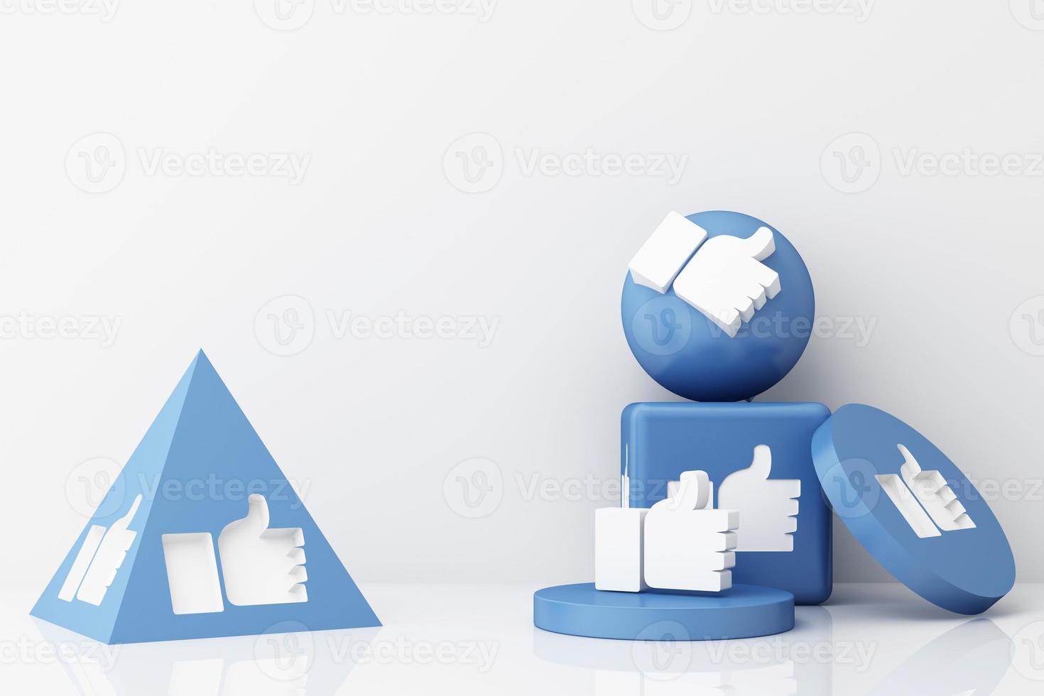 Thumb up symbol, finger up icon, like icon on yellow geometric shapes. 3d rendering photo