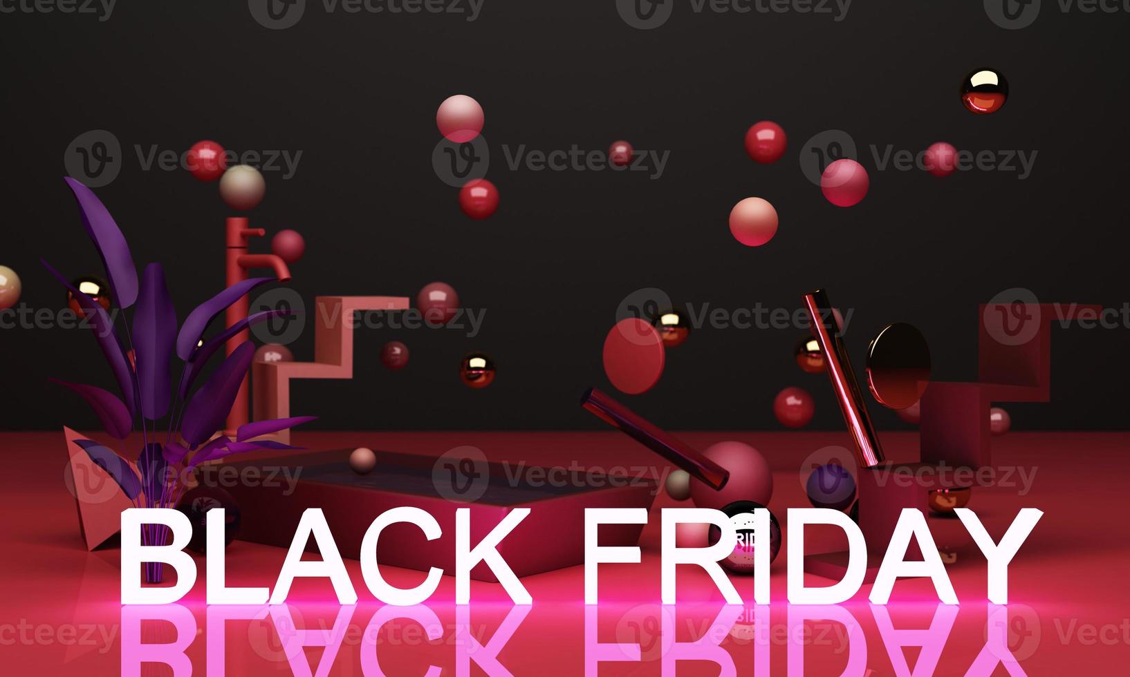 Black Friday Poster or banner with geometric shape in black and yellow neon lighting colour concept 3d rendering photo