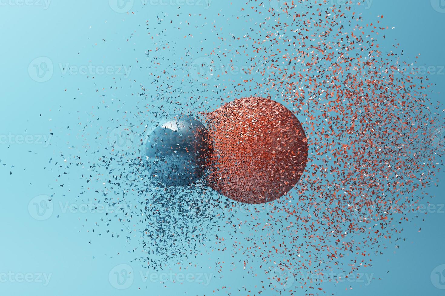 Two balls clashing together resulting in smashed breakup on white background. 3d rendering photo