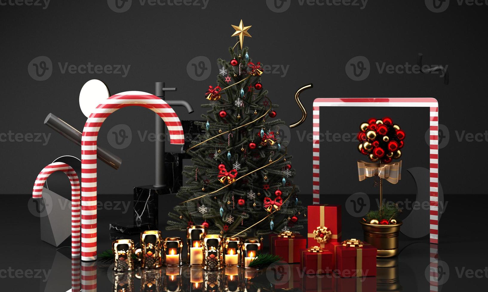 christmas greeting card template with Christmas tree and candy giftbox surounding by geometric shape gold and black texture 3d rendering photo