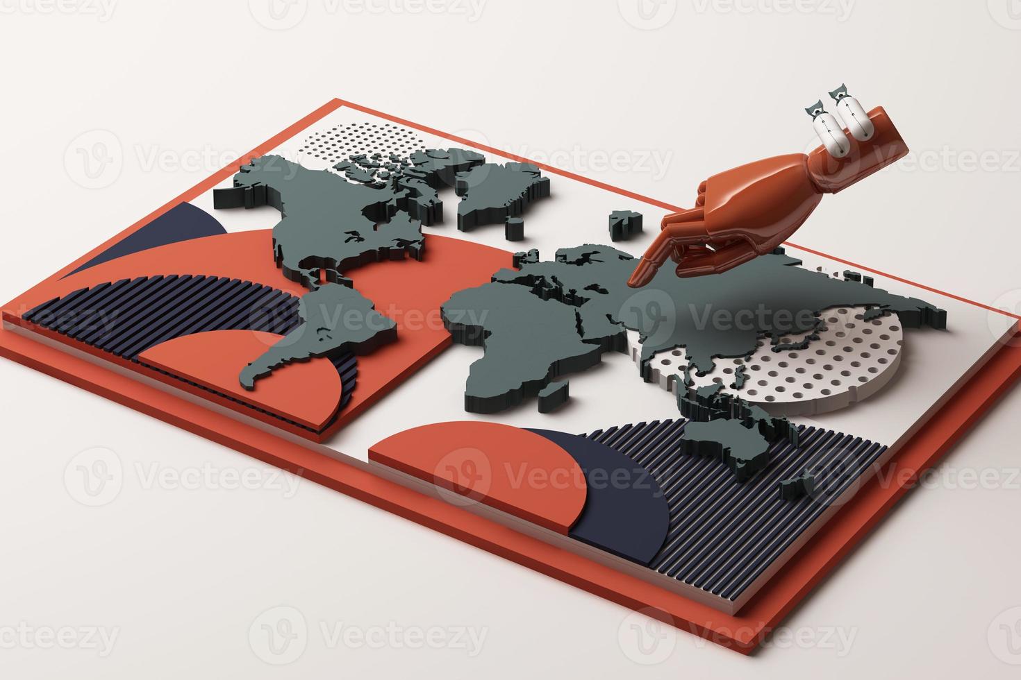 World map with human's hand concept abstract composition of geometric shapes platforms in black tone. 3d rendering photo