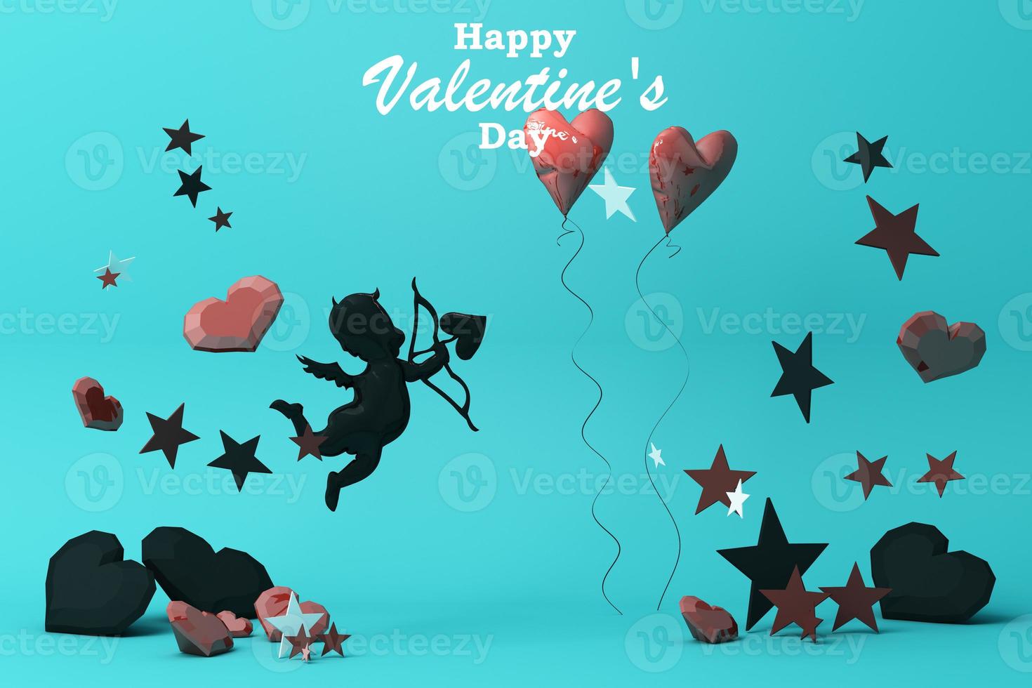 Valentine's day concept background with Balloon dog red and pink hearts star rose with white square frame and love decoration 3d rendering photo
