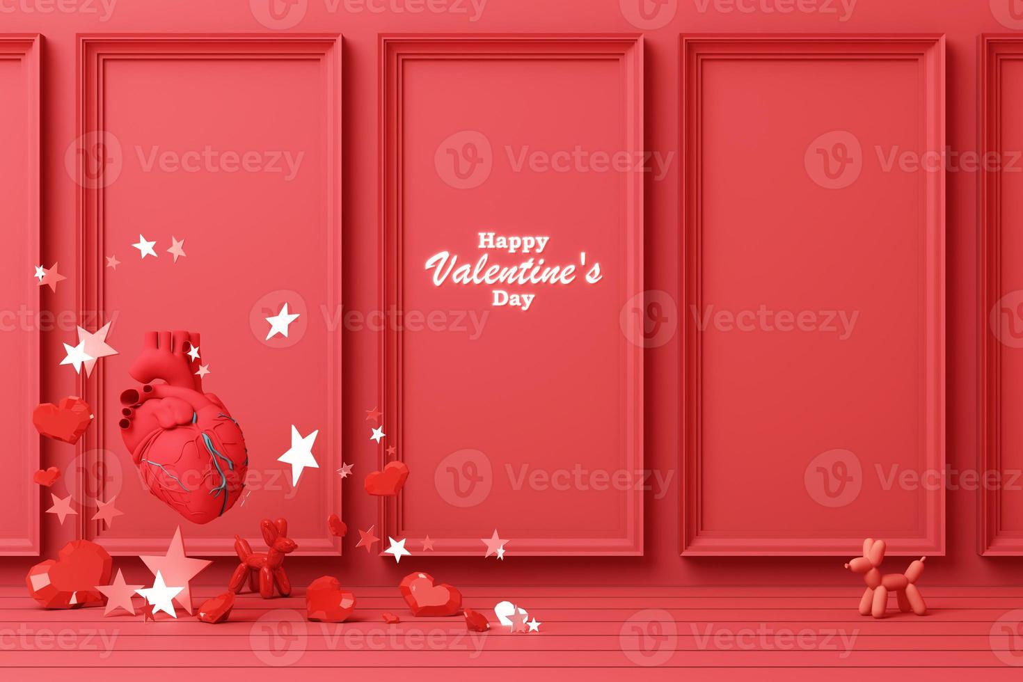 Valentine's day concept background with red and pink hearts star rose with white square frame and love decoration 3d rendering photo