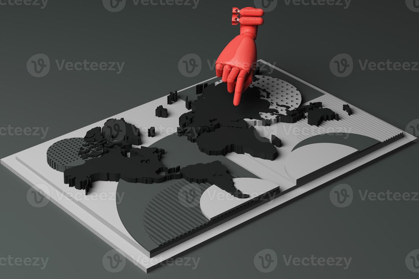 World map with human's hand concept abstract composition of geometric shapes platforms in black tone. 3d rendering photo