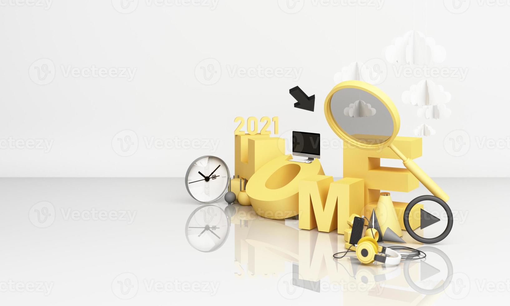 Information search bar Surrounded by electronics, watches, computers and phones with magnifying glass. On a geometric background In yellow and gray tones 3d render photo
