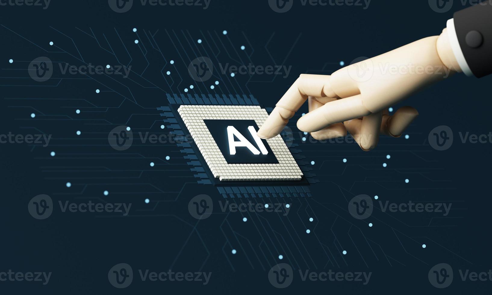 cube shape electronic brain with gyrus, symbol ai business man hand hanging. Symbol of computer neural networks or artificial intelligence in neon cyberspace with glowing title. 3d rendering photo