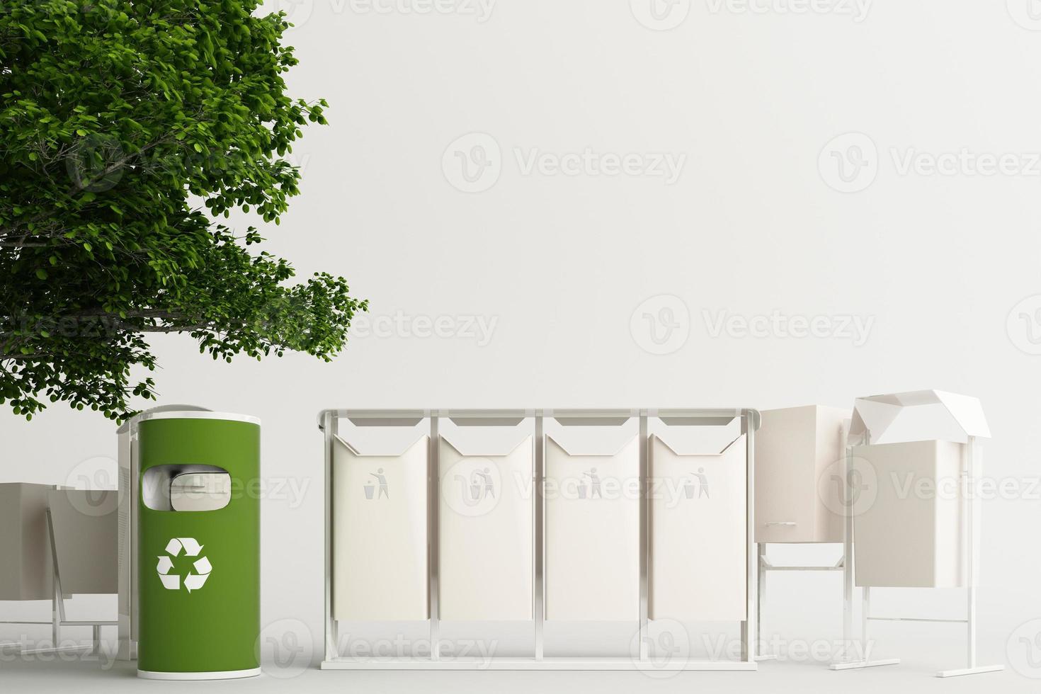 The tree is surrounded by many recyclable bins on a white background. 3D rendering. photo