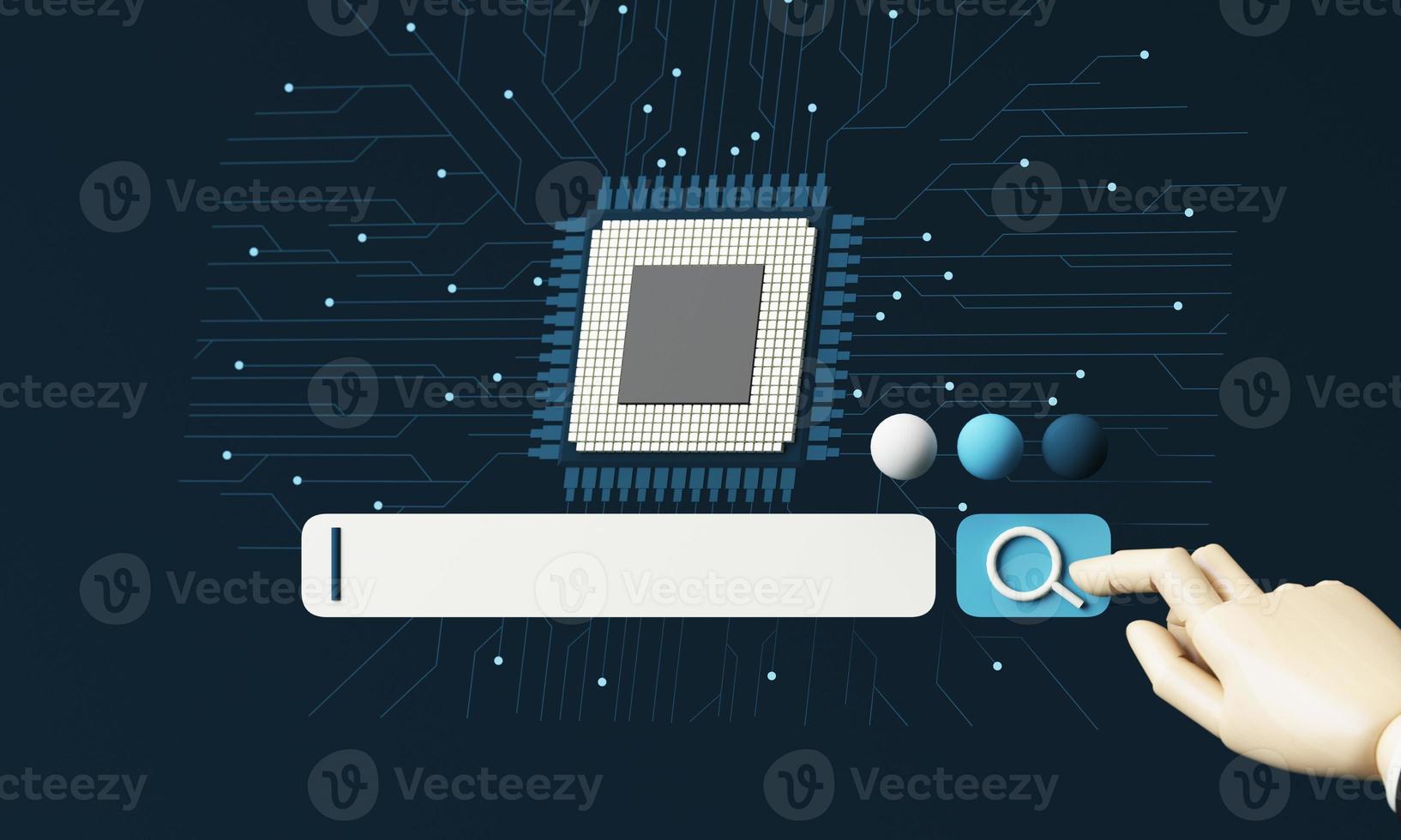 The concept of searching for information in technology with AI systems. businessman's hand who are pressing the search button of the search box with artificial intelligence. 3d rendering photo