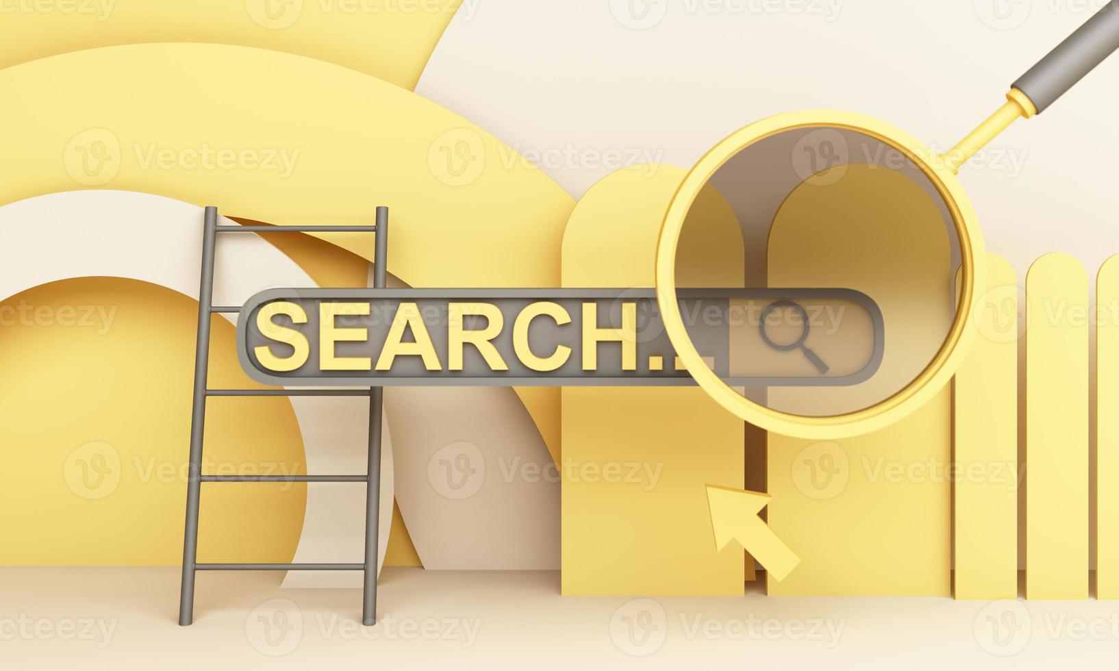 Information search bar Surrounded by electronics, watches, computers and phones with magnifying glass. On a geometric background In yellow and gray tones 3d render photo