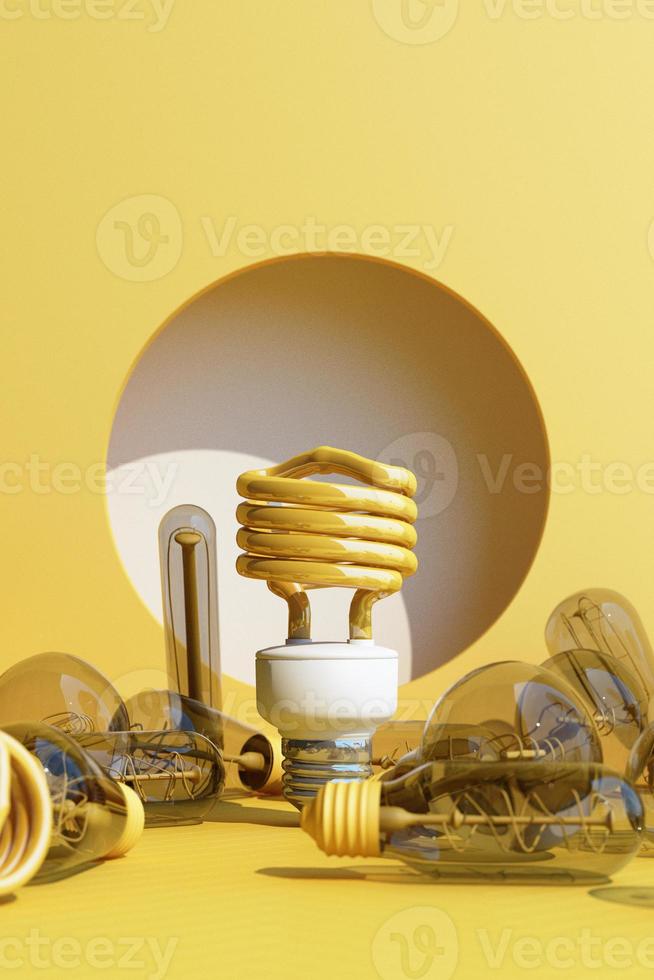 Yellow light fluorescent bulb LED on yellow wall background surrounded by incandescent lamp - 3D Rendering photo