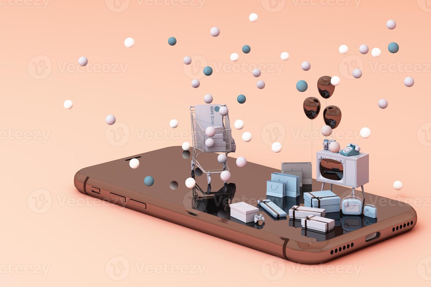 shopping online smart phone with giftbox, cart, credit card, shopping bag, in pink color tone on black background. 3d rendering photo