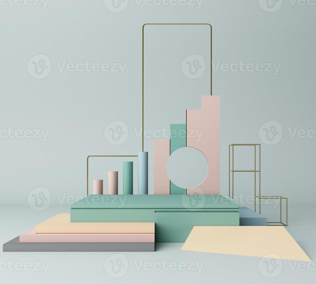 3d render, primitive shapes, abstract geometric background, minimal mock up, blank template, gold metal line, empty showcase, with pastel colors photo