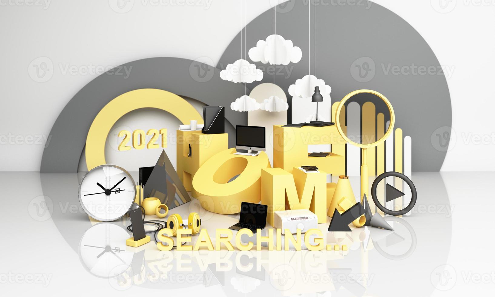 Information search bar Surrounded by electronics, watches, computers and phones with magnifying glass. On a geometric background In yellow and gray tones 3d render photo