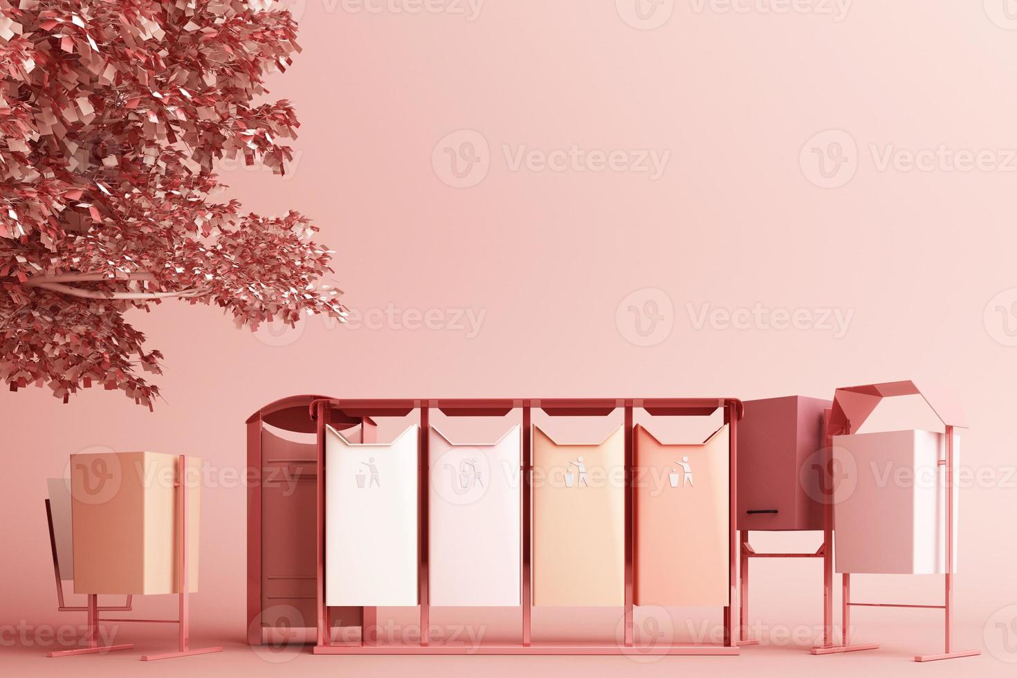 The tree is surrounded by many recyclable bins on a white background. 3D rendering. photo