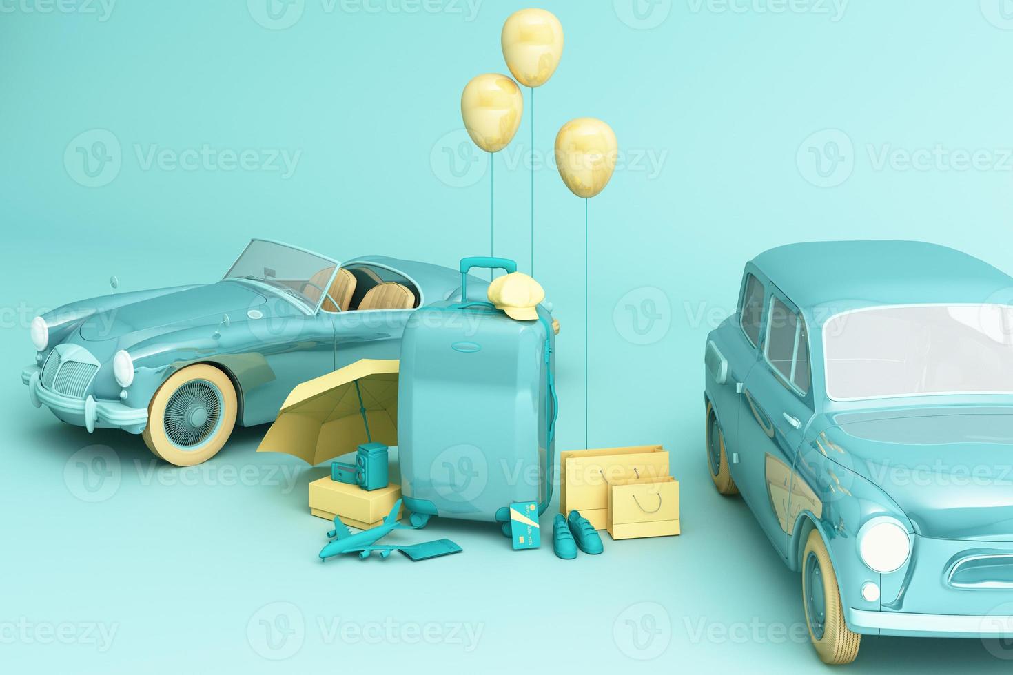 Concept retro car with luggage surrounded by travel equipment in green color tone. 3d rendering photo