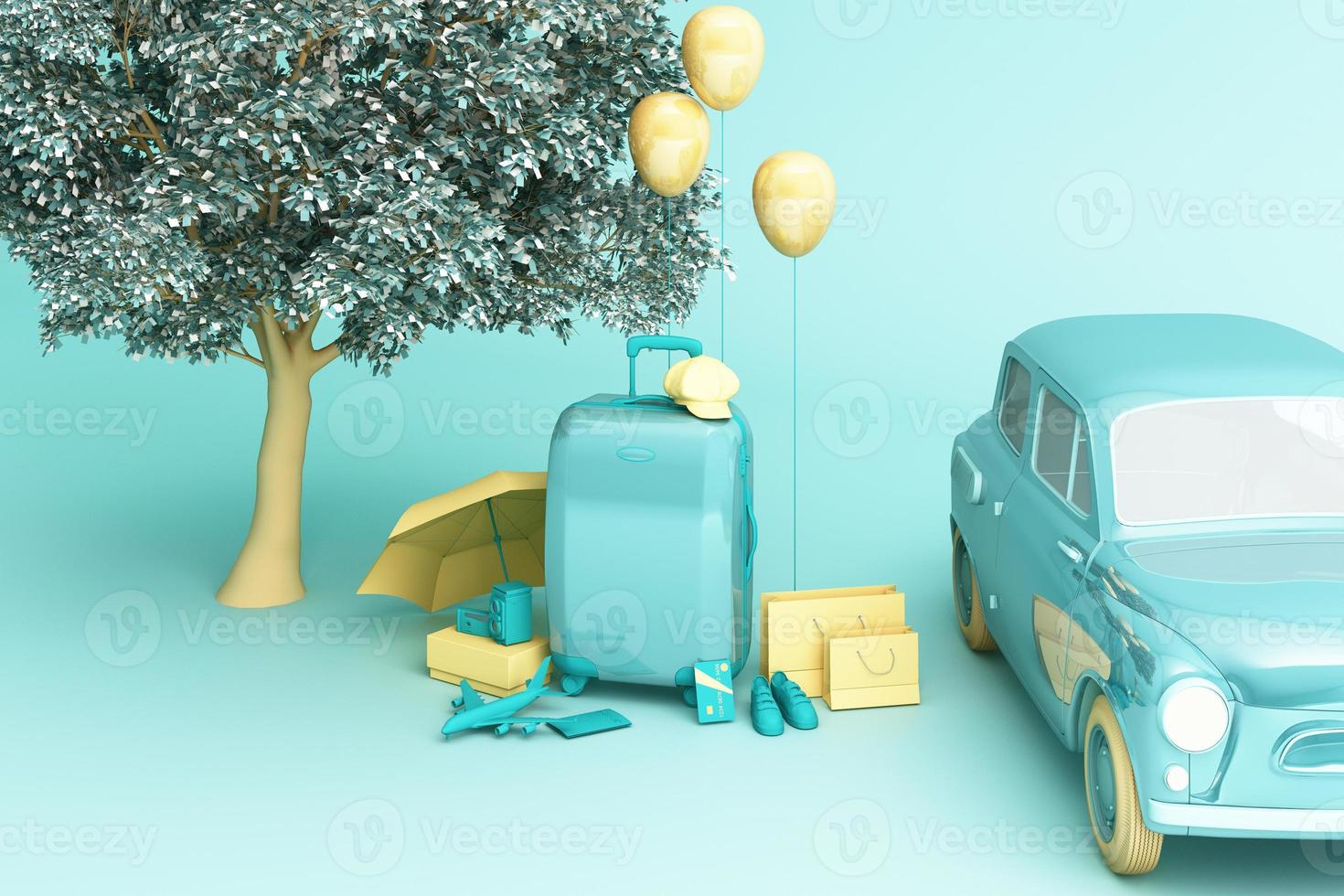 Concept retro car with luggage surrounded by travel equipment in green color tone. 3d rendering photo