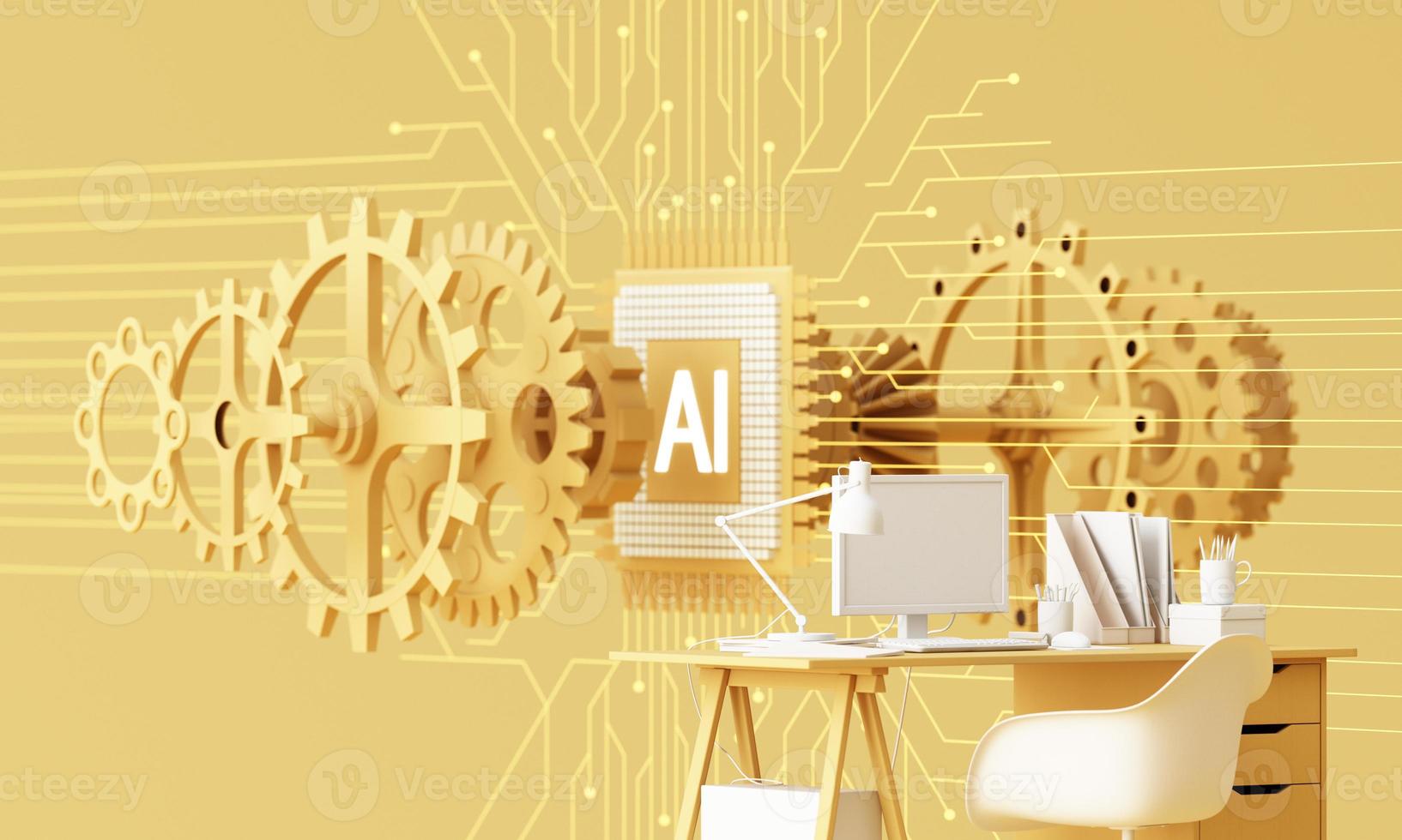 Yellow work desk with laptop computer In the future that works with artificial intelligence and modern technology. the goals of company work hard. on the background AI chip and circuit. 3d rendering photo