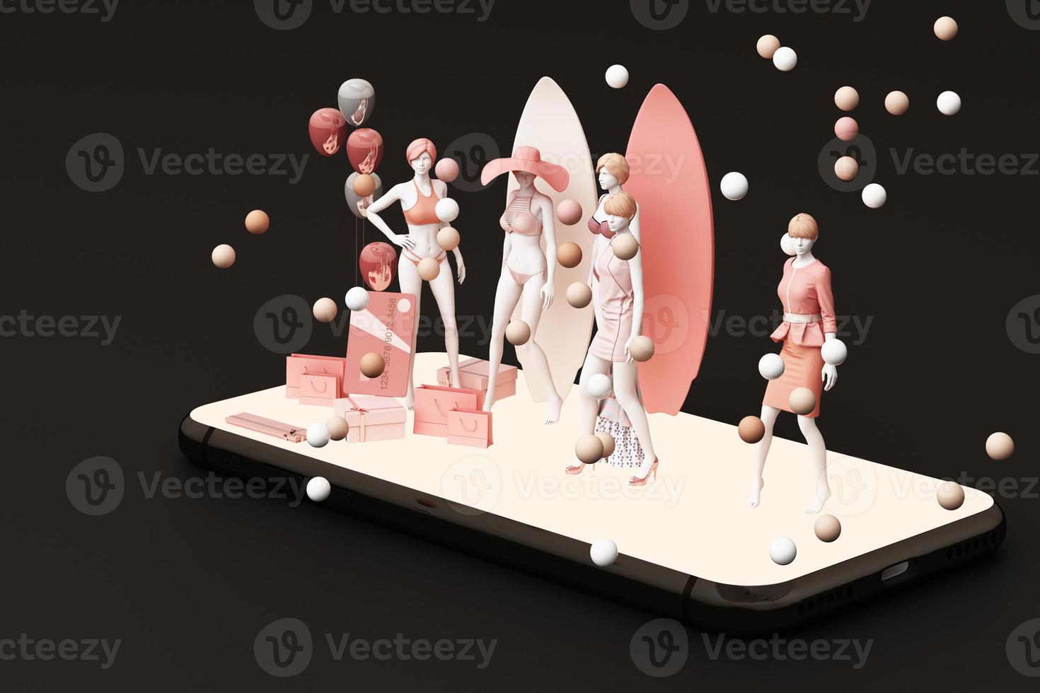 Mannequin on smart phone surrounded by shopping bag and the gift box with credit card on the black backdrop.-3d rendering photo