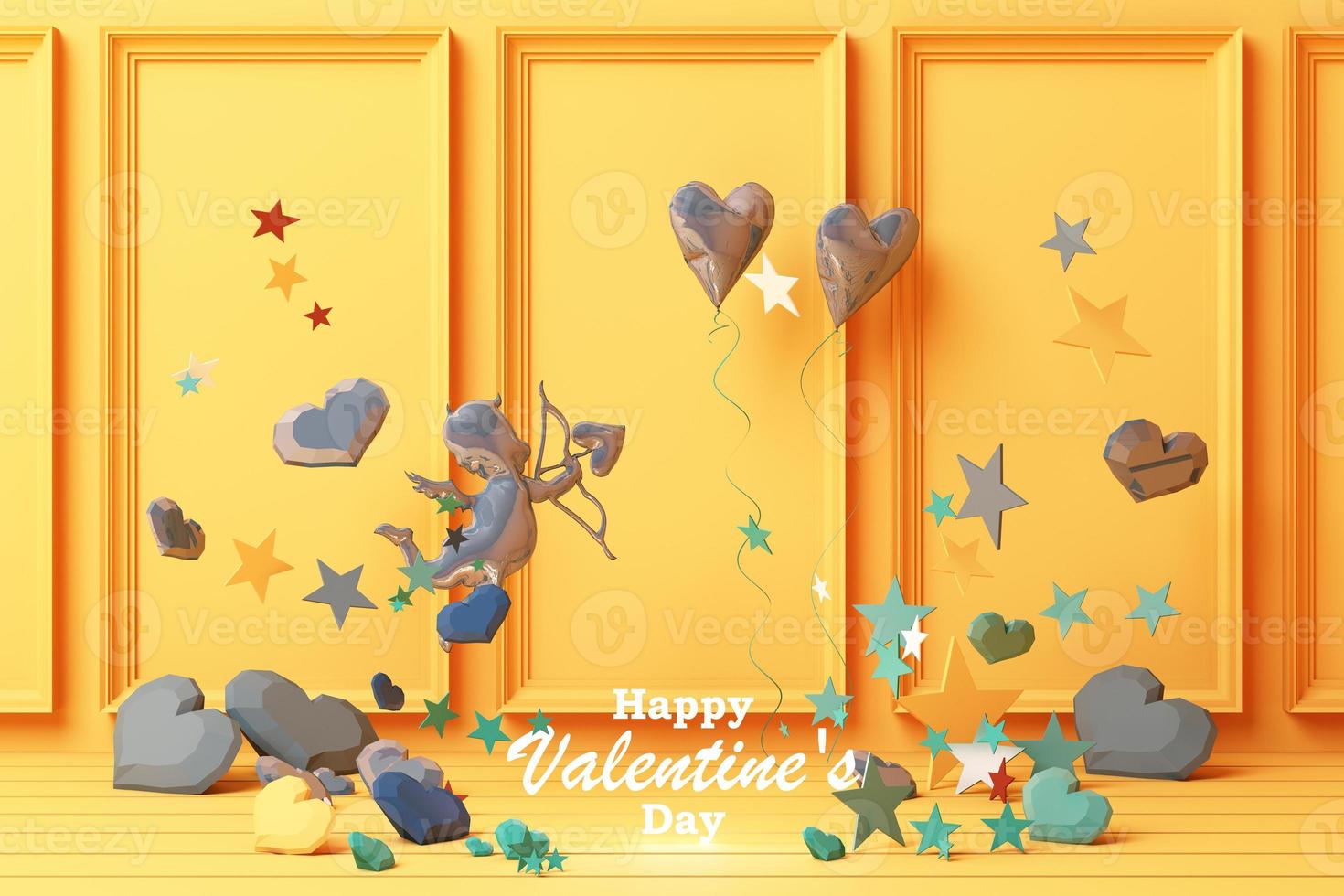 Valentine's day concept background with red and pink hearts star rose with white square frame and love decoration 3d rendering photo