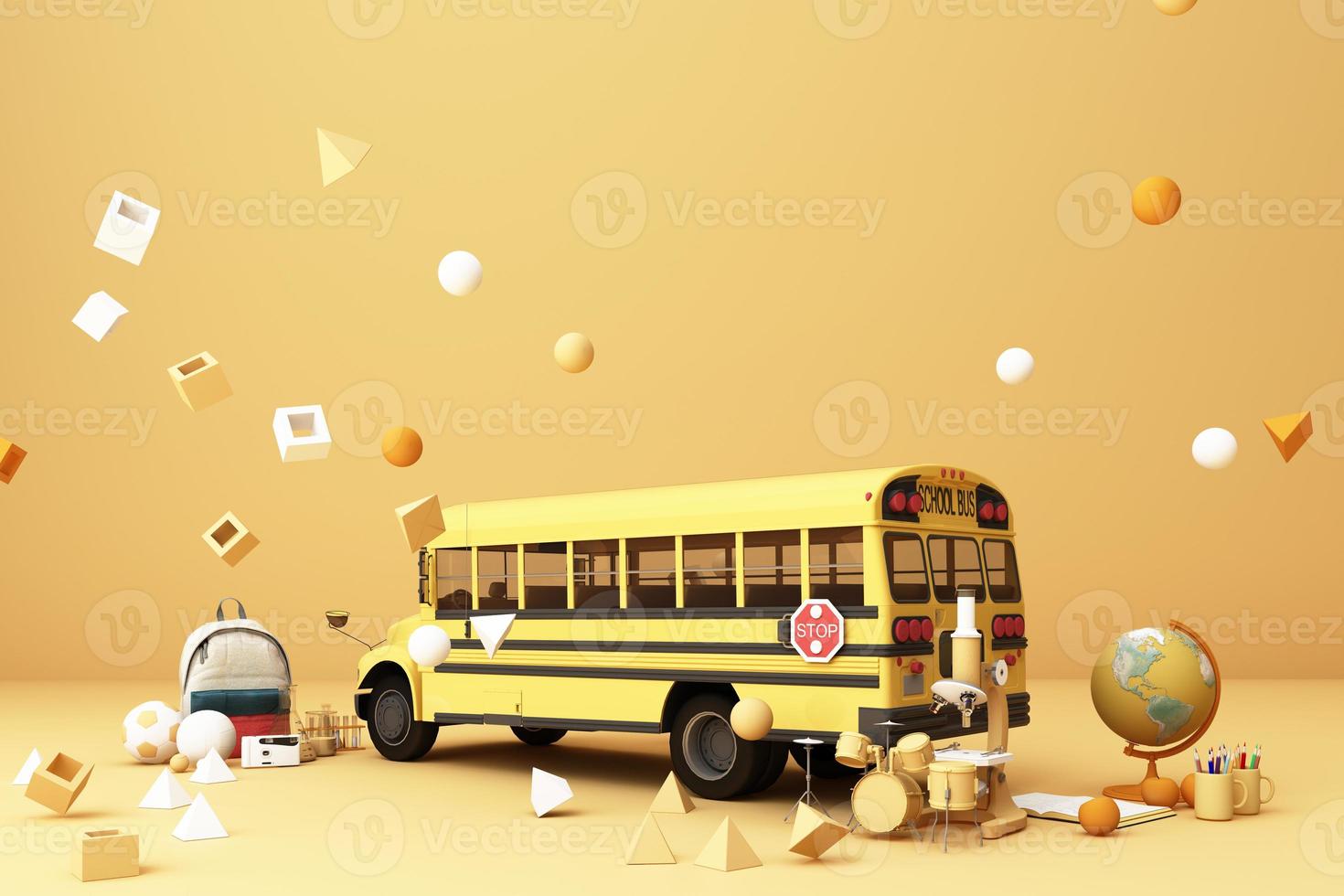 back to school ,inspiration, poster with educational equipment and school bus. 3d rendering photo