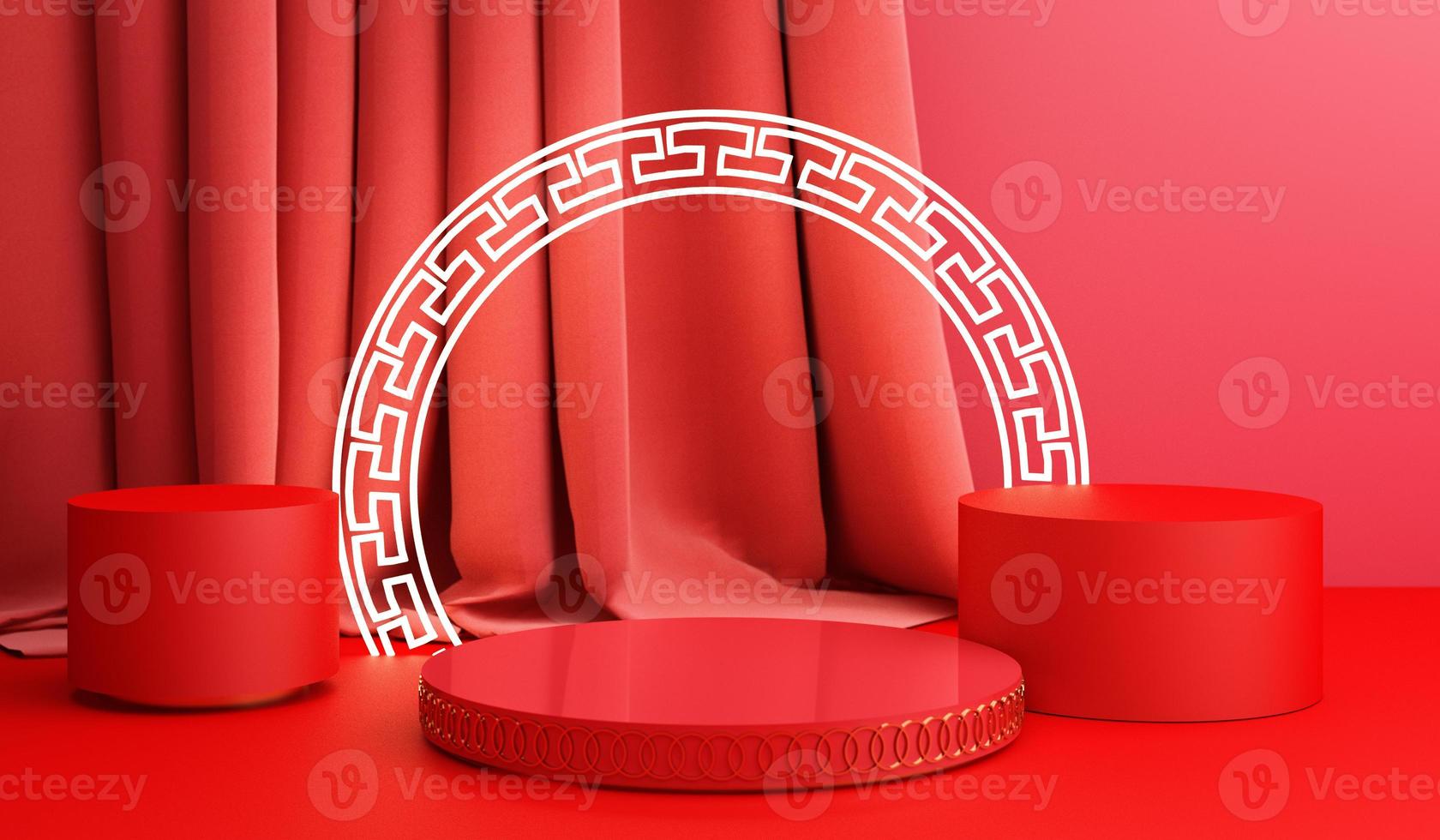 Chinese new year, Golden podium display mockup on red abstract background with geometric shape product minimal presentation, 3d rendering. photo
