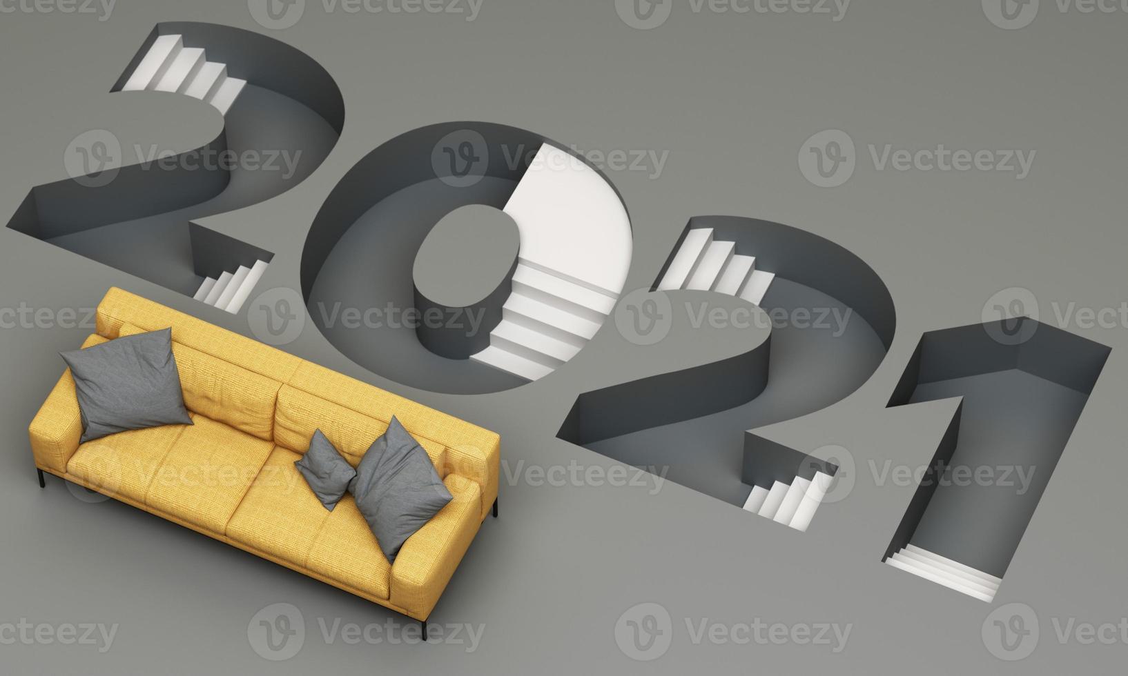 The 2021 ladder-down font in trendy yellow and gray stripes is surrounded by yellow sofa 3d rendering photo