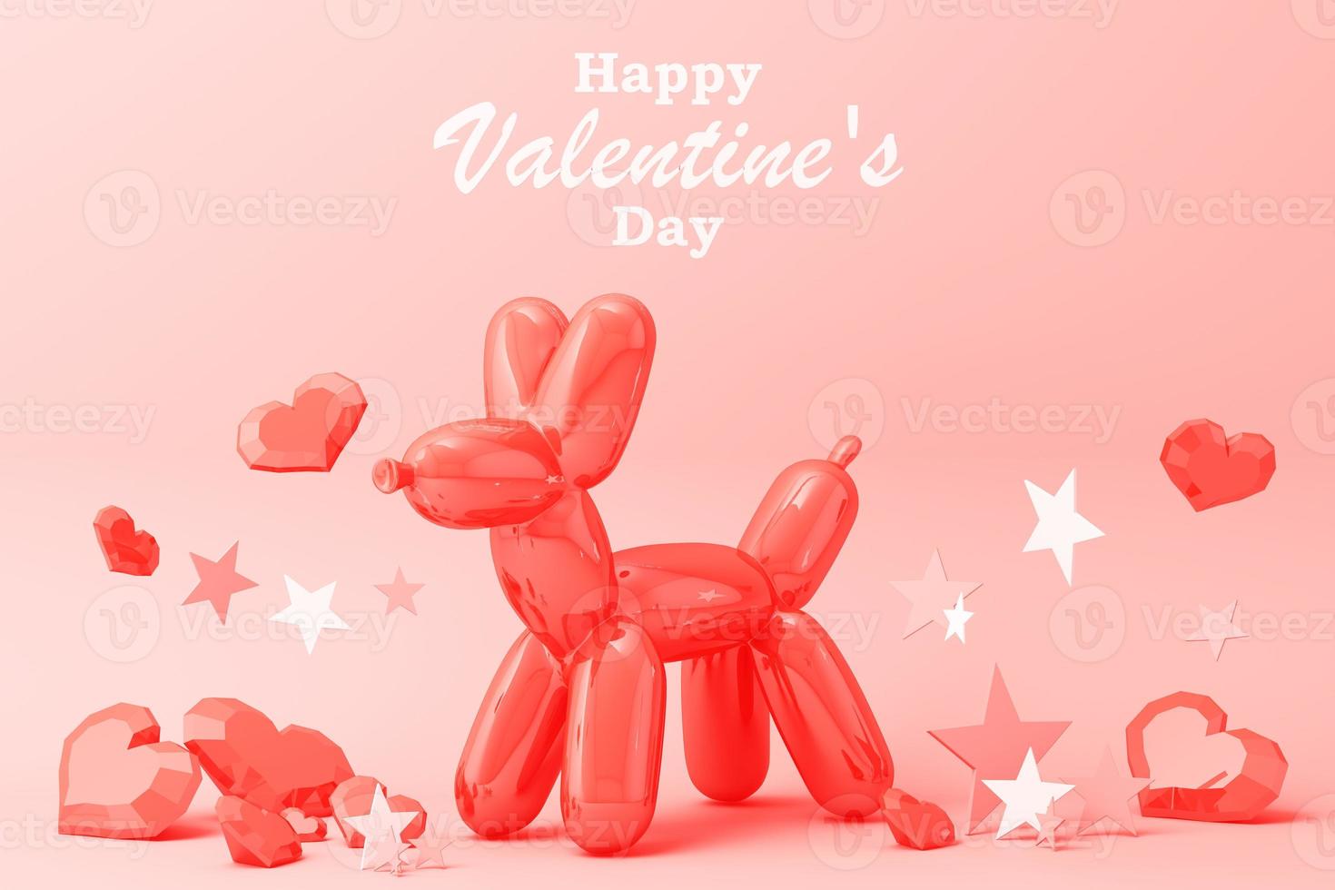 Valentine's day concept background with Balloon dog red and pink hearts star rose with white square frame and love decoration 3d rendering photo