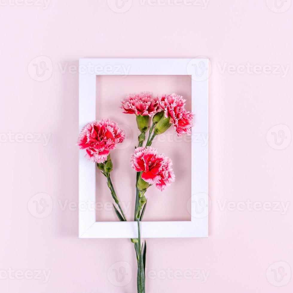 día de la madre, concepto de diseño de fondo del día de San Valentín, hermoso ramo de flores de clavel rosa y rojo en la mesa rosa, vista superior, puesta plana, espacio de copia. foto