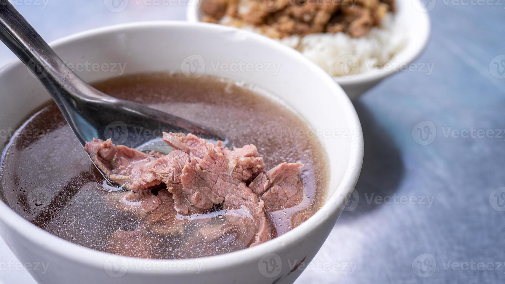 Beef soup famous food in Taiwan, Asia, Asian Taiwanese street delicacy cuisine, close up
