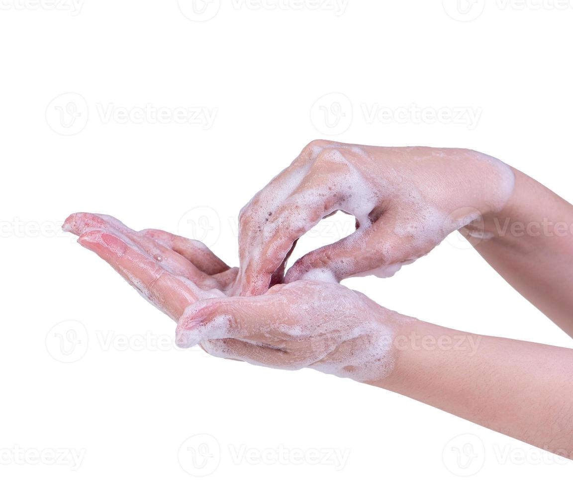 Washing hand step instruction isolated on white background. Asian young woman using liquid soap, concept of protecting pandemic coronavirus, close up. photo