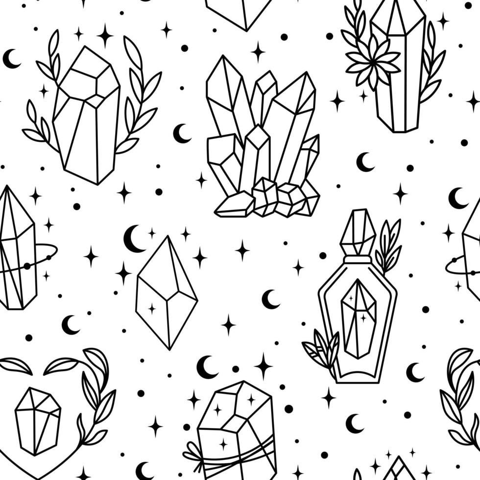 arte de línea mística cristales esotéricos, piedras preciosas, diamantes, estampado minimalista de joyería. Ilustración de dibujo a mano de astrología boho. doddle mágico para camisetas y bolsos, elemento de decoración tatoo vector