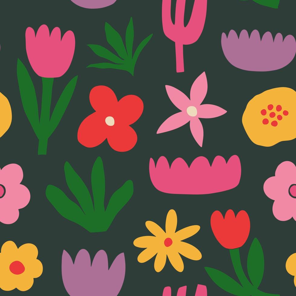 patrón estético contemporáneo imprimible sin costuras con flores retro groovy. fondo boho vintage de estilo ingenuo decorativo de los años 60 y 70 en estilo minimalista de mediados de siglo para tela, papel tapiz o envoltura vector