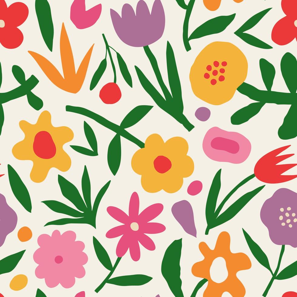 patrón estético contemporáneo imprimible sin costuras con flores retro groovy. fondo boho vintage de estilo ingenuo decorativo de los años 60 y 70 en estilo minimalista de mediados de siglo para tela, papel tapiz o envoltura vector