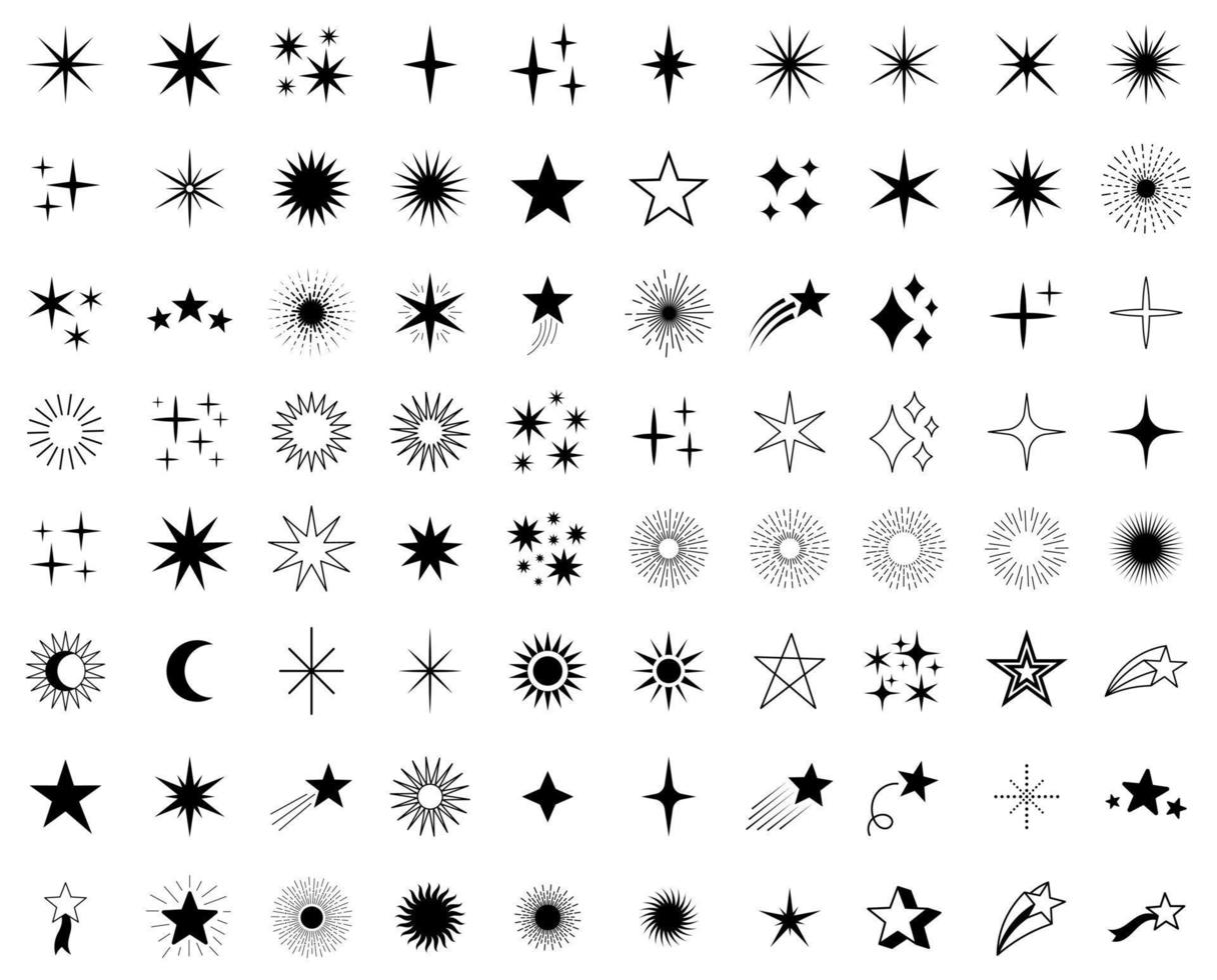 Set of Black Star, Twinkling stars, Sparkles, Shining burst. Vector stars in doodle line art style on white background