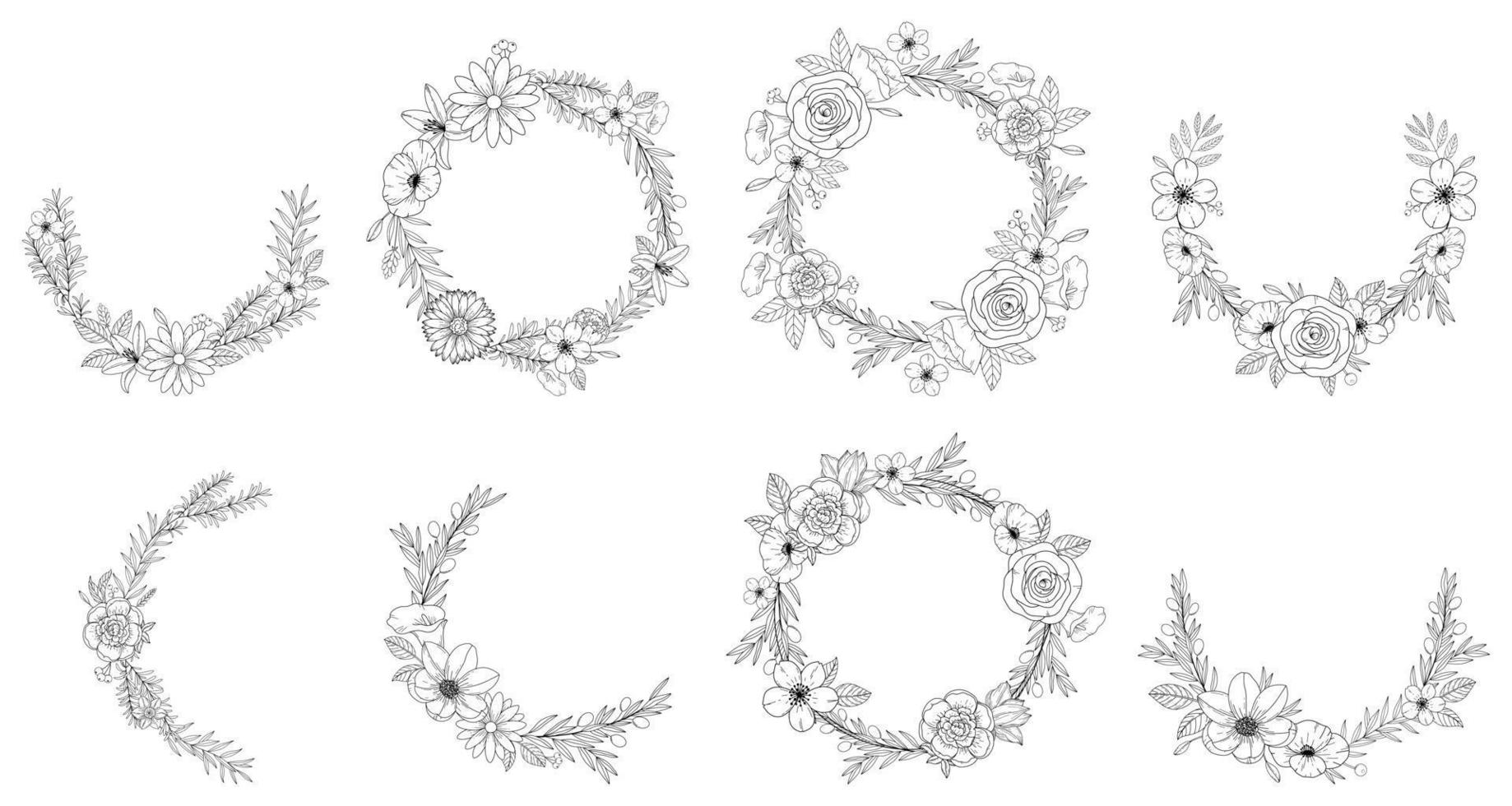 Set abstract elegant line art flower and leaf wreath. Continuous boho line art silhouette of floral artwork vector