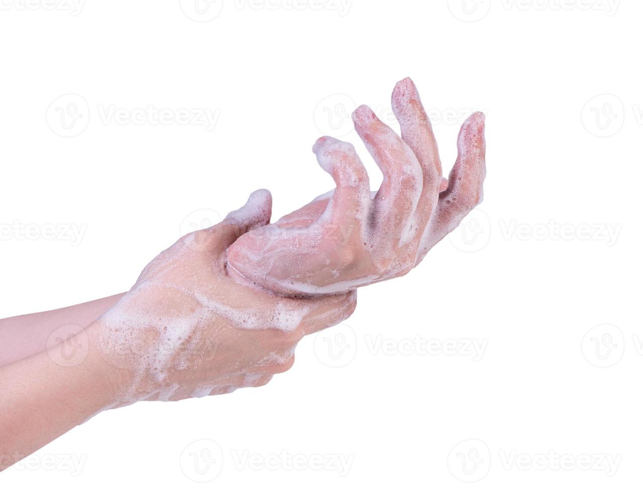 Washing hand step instruction isolated on white background. Asian young woman using liquid soap, concept of protecting pandemic coronavirus, close up. photo