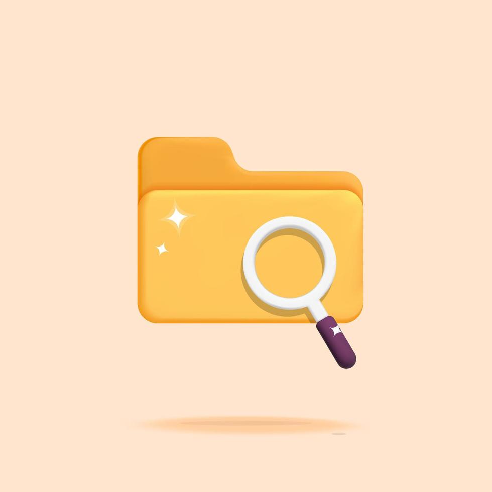 3d vector yellow folder with glass magnifying icon design illustration