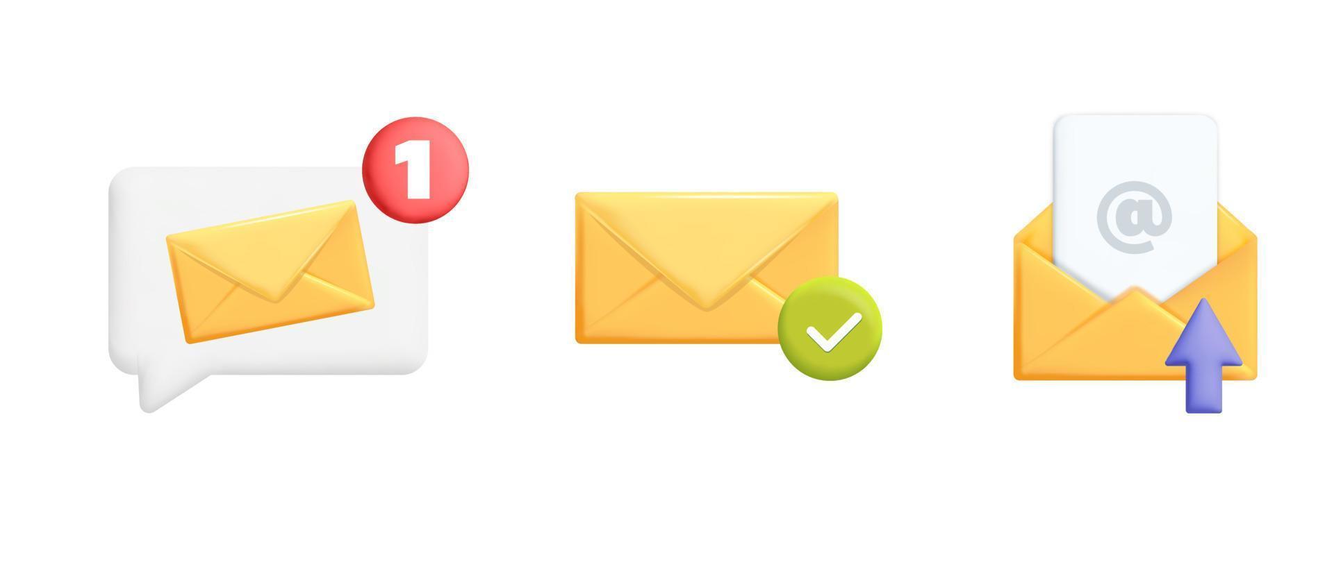 conjunto de diseño de iconos de sobres de correo amarillo vector realista 3d