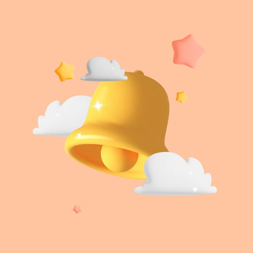3d vector notification bell reminder with clouds and stars icon design
