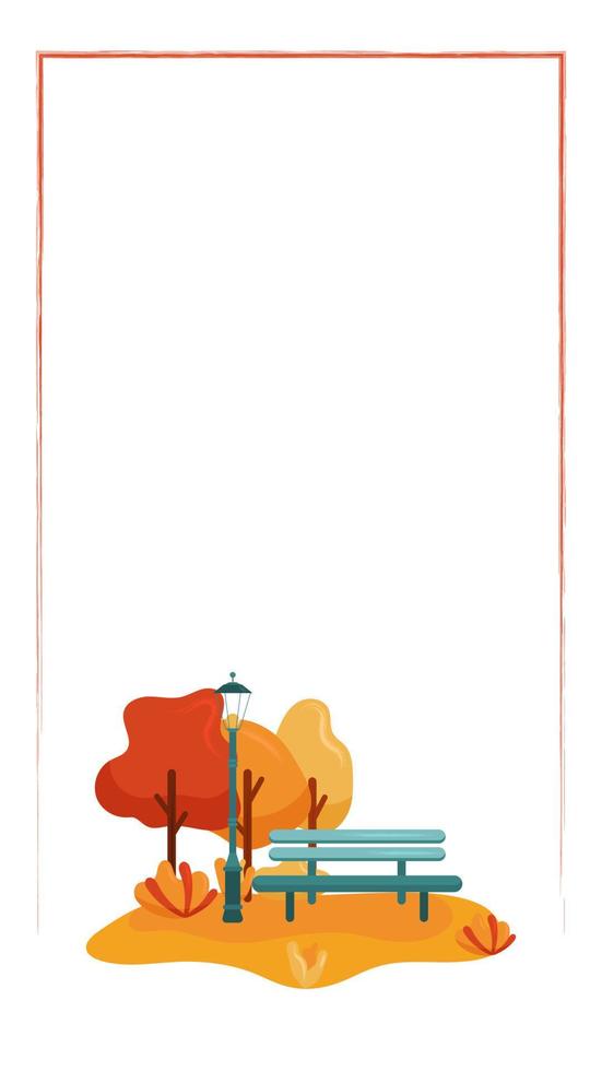 Decorative Vector Vertical Banner. Frame With Autumn Park Scene With Trees, Bench and Street Light. Perfect for Social Media, Banners, Cards, Printed Materials, etc.