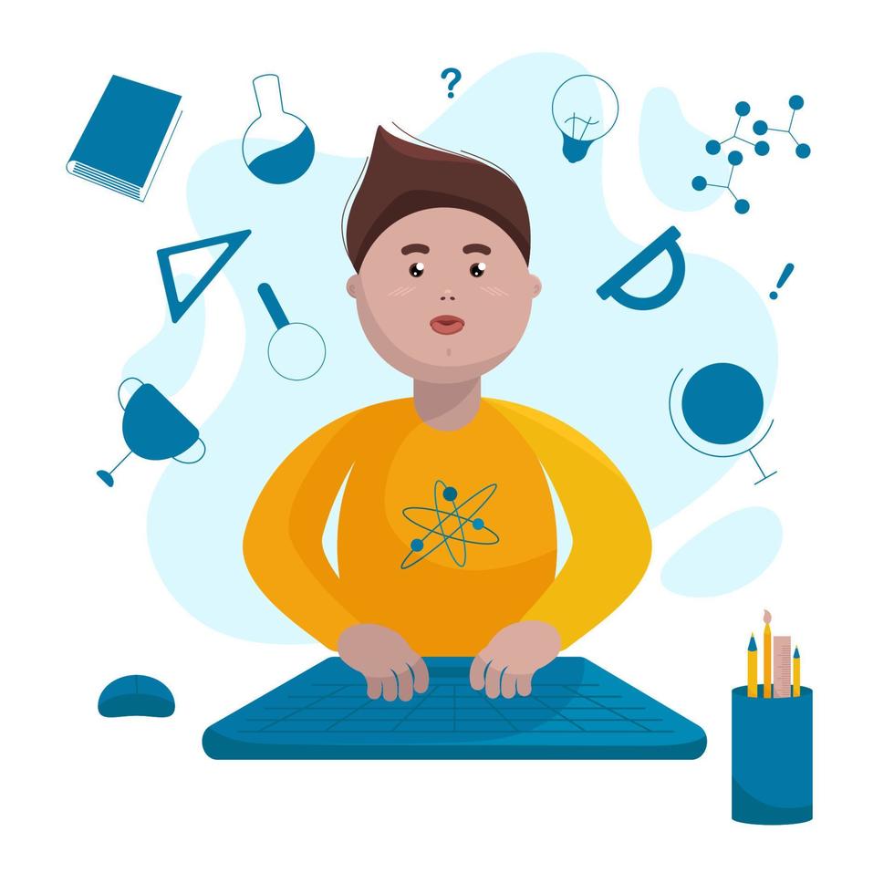 Schoolboy Sitting in Front of a Computer With the Abstract Background and School Equipment. Vector Illustration Perfect for Social Media, Banners, Printed Materials, etc.